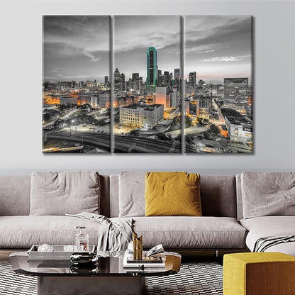 TUMOVO American Cityscape Wall Decor Posters and Prints 3 Panels Dallas Nighttime Lightscape Pictures Wall Decor for Bedroom City Skyline Art Prints Framed Ready to Hang (42" Wx28 H)