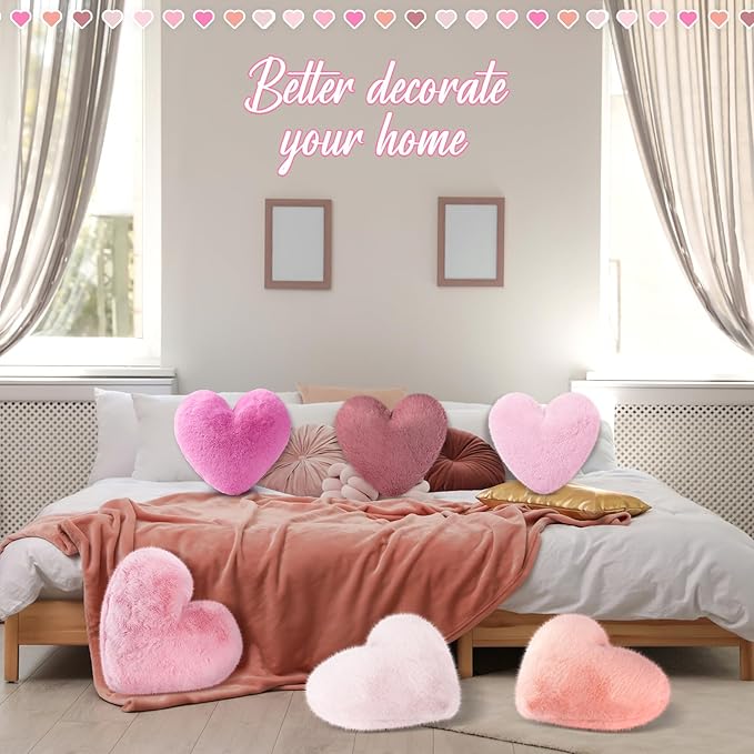 Liliful 6 Pcs Faux Rabbit Fur Heart Pillows Fluffy Heart Throw Pillows Cute Couch Cushion Soft Decorative Throw Cushion for Bed Sofa Girls Women(12 x 11 Inch,Pink Series)