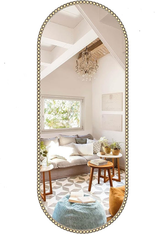 Champagne Bronze Bathroom Mirror with Beaded, 16"x48" Oval Full Length Mirror for Wall Decorated, Gold Vintage Bead Mirrors with Brass Frame for Bedroom,Living Room,Hallway,Fireplace
