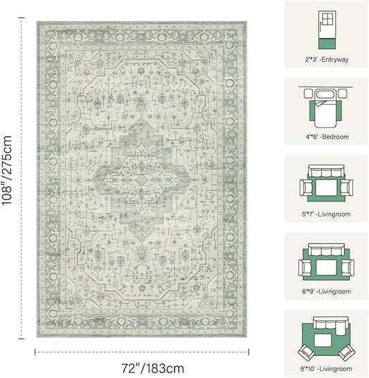 Rugxara 6x9 Washable Area Rug for Living Room, Vintage Large Boho Rugs for Office, Dining Room, Kids Room, Farmhouse, Durable Low Pile Non Slip Carpet for High Traffic Areas, Sage Green