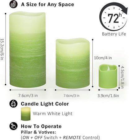 FURORA LIGHTING Green Ombre Flameless Candles - Real Wax, Adjustable Brightness, Remote & Timer - 4 Pillars (3x4, 3x6) and 4 Votives, 8-Pack, Battery Operated