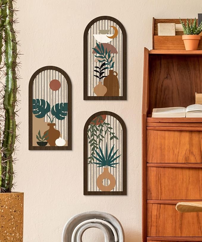 Putuo Decor Boho Wall Art, Abstract Botanical Room Decorations with Leaf & Sun Lines, Modern Minimalist Wooden Wall Decor 16x8 In Mid Century Artwork for Living Room Bedroom Office Set of 3