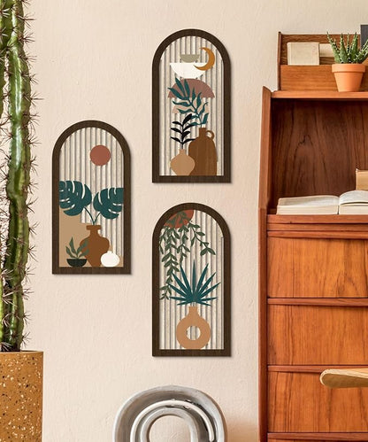 Putuo Decor Boho Wall Art, Abstract Botanical Room Decorations with Leaf & Sun Lines, Modern Minimalist Wooden Wall Decor 16x8 In Mid Century Artwork for Living Room Bedroom Office Set of 3