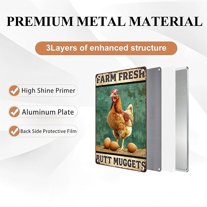 Vintage Chicken Farm Metal Sign Chicken Coop Farm Fresh Butt Nuggets Metal Poster Home Garden Farmhouse Restaurant Garage Aluminium Sign Art Wall Decor 8X12Inch