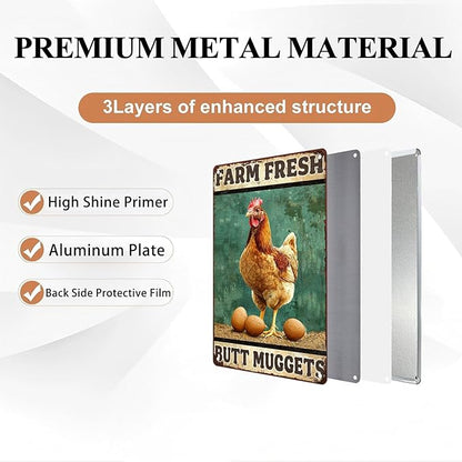 Vintage Chicken Farm Metal Sign Chicken Coop Farm Fresh Butt Nuggets Metal Poster Home Garden Farmhouse Restaurant Garage Aluminium Sign Art Wall Decor 8X12Inch