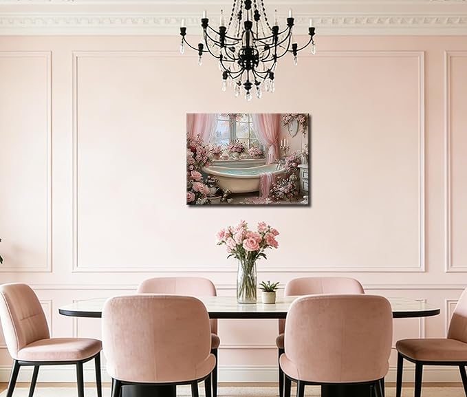Frimeeme Pink Bathroom Wall Decor, Pink Roses Bathtub Print, Luxury Floral Bathroom Decor, 12x16 Inches