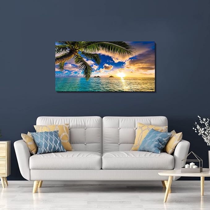 EPHANY Ocean Beach Palm Wall Art - 1 Piece Canvas Wall Art Sunset Scene with Tree Landscape, Stretched and Framed Ready To Hang (B-1pcs,20x40inchx1pcs)