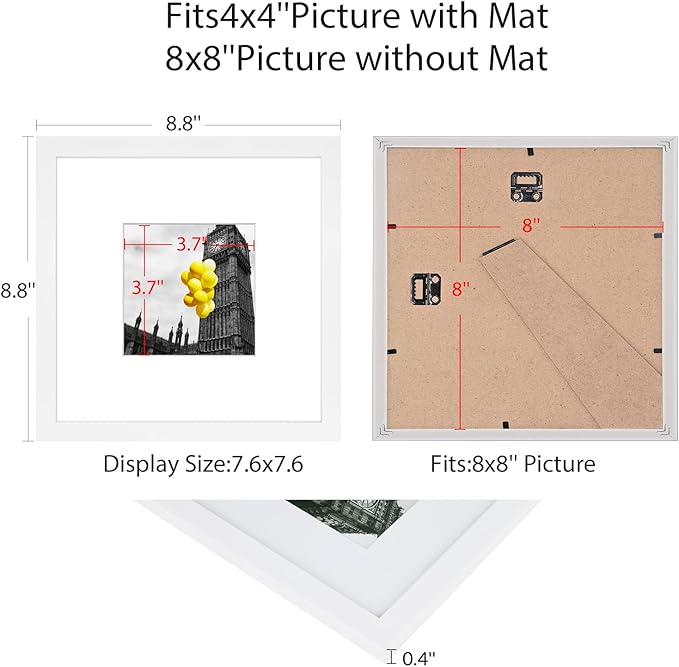 8x8 Picture Frame Set of 6, Display Pictures 4x4 with Mat or 8x8 Without Mat, Tabletop Display and Wall Hanging Photo Frame, Collage Wall Decor Gallery Wall Frame Set,White