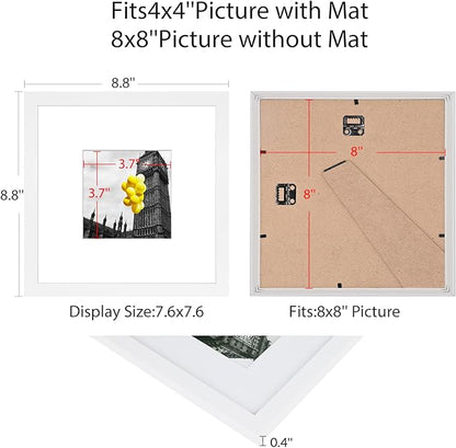 8x8 Picture Frame Set of 6, Display Pictures 4x4 with Mat or 8x8 Without Mat, Tabletop Display and Wall Hanging Photo Frame, Collage Wall Decor Gallery Wall Frame Set,White