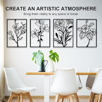 ZNZAPO 4 Pcs Black Metal Flower Wall Art, Abstract Line Art Wall Decor, Minimalist Floral Wall Hanging Art, 3d Wall Art Sculptures Decor for Living Room Bedroom Bathroom (11 × 15.7”)