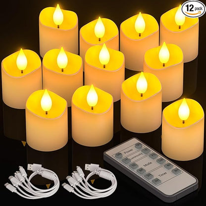 PChero Rechargeable Flameless Tea Lights Candles with Remote Timer, 12 PCS Flickering Electric Fake LED Votive Candles with 2 USB Charging Cables for Wedding Christmas Fall Home Decor