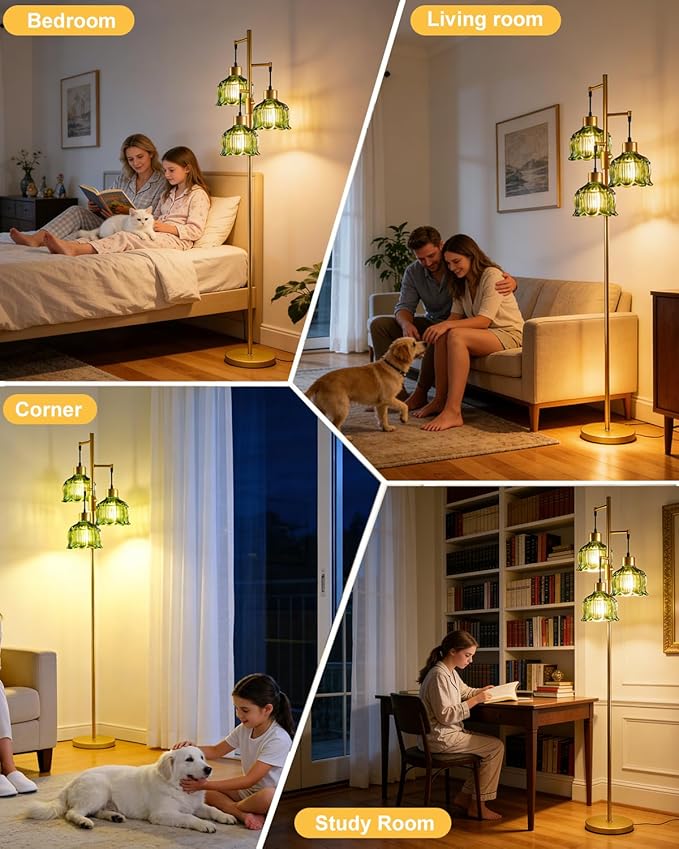 3-Light Modern Glass Floor Lamp, Gold Standing Tall Lamp with Green Vertical Rib Glass Shade for Reading, Dimmable LED Floor Lamp with 5Lbs Heavy Base for Living Room Bedroom Home Decor, Bulb Included