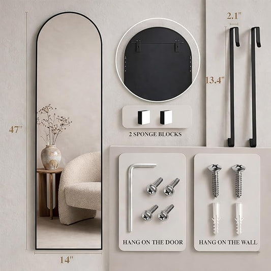 Simple Deluxe 47x14 Arched Full Length Mirror Over The Door, Wall Mounted Full Body Mirror, Rustproof Aluminum Alloy Frame, Distortion-Free, for Bedroom, Living Room, Entryway, Black