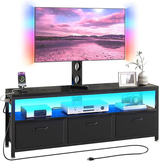 JUSTOGO TV Stand with Mount and Power Outlet, TV Stand Mount with Storage for Living Room, Entertainment Center with LED Lights for 45 55 60 65 inch, Height Adjustable Media Console, Black