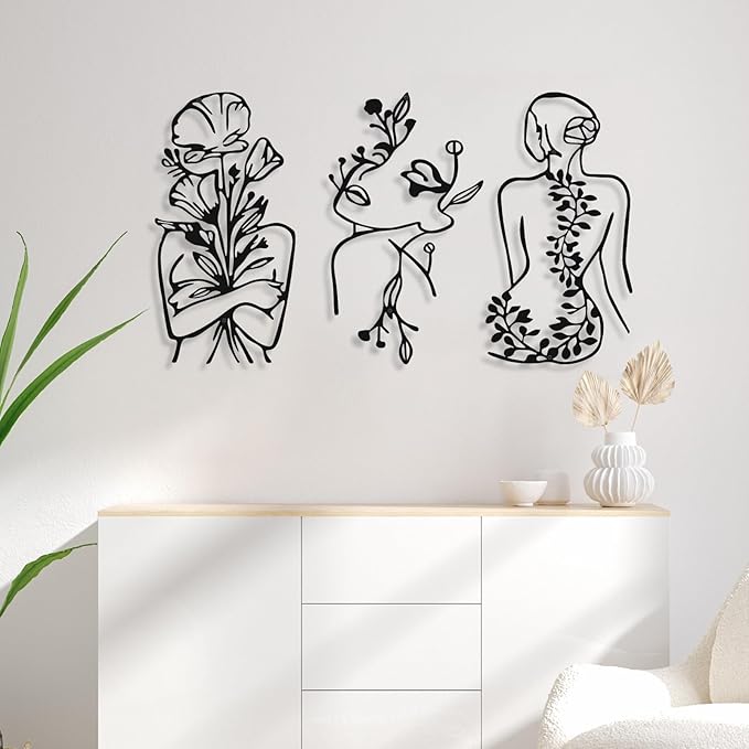 Photect 3 Pcs Metal Wall Art Decor Minimalist Abstract Woman Wall Art Metal Modern Line Drawing Decor Female Single Line Home Hanging for Bedroom Bathroom Living Room Housewarming(Plant,Black)