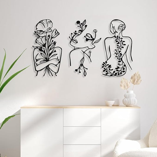 Photect 3 Pcs Metal Wall Art Decor Minimalist Abstract Woman Wall Art Metal Modern Line Drawing Decor Female Single Line Home Hanging for Bedroom Bathroom Living Room Housewarming(Plant,Black)