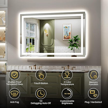 Briivue 48x28 Inch LED Bathroom Mirror with Lights, Backlit & Front Lit, Anti-Fog Lighted Bathroom Vanity Mirror for Wall, Memory Function, Dimmable, HD Tempered Glass, Shatter-Proof