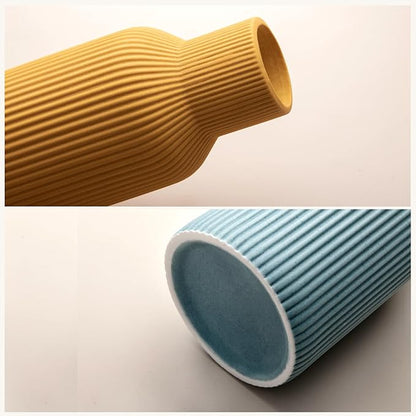Colorful Ceramic Flower Vases Set of 3, Matte Vertical Ribbed,Minimalist for Pampas, Dried & Fresh Flowers, Centerpiece for Living Room, Shelf, Entryway, Wedding (White, Yellow, Blue)