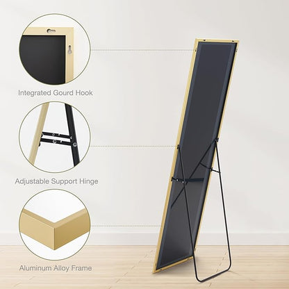 DUMOS 16"x59" Full Length Mirror with Stand, Floor Standing Aluminum Frame, Shatter-Proof Nano Glass for Bedroom, Living Room, Cloakroom – Modern Simple Home Decor,Can Be Hanging or Leaning, Gold