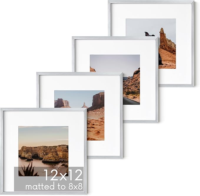 HAUS AND HUES 12x12 Silver Metal Picture Frames Matted to 8x8 - Premium Aluminum with Hanging Hardware, Shatterproof Plexiglass - Ideal for Home or Office (12x12 in, Silver, Set of 4)