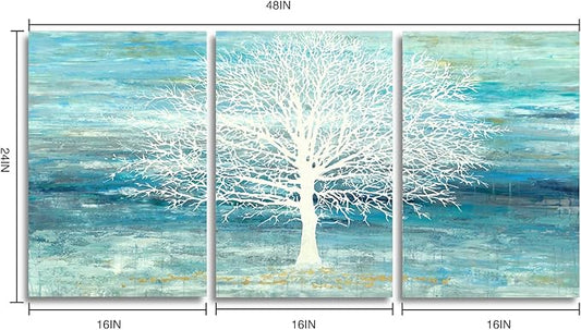 Yihui Arts Teal and Blue Canvas Wall Art - White Tree Paintings with Gold Foil - 3 Pieces Landscape Pictures for Living Room Bedroom Bathroom Decor