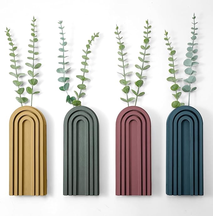 Ziliny 4 Pack Wood Wall Planter Indoor Wall Decor Plant Holders Boho Hanging Planter Vases for Modern Farmhouse Living Room Bedroom Rainbow Decor (Morandi Color)