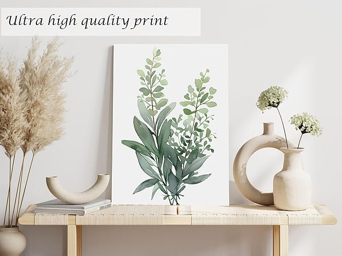 Induslyfe Framed Eucalyptus Sage Green Botanical Plant Wall Art Canvas Decor Set of 6, Nature Wall Art Prints Posters, Flower Wall Art for Bathroom Bedroom Living Room 9x12