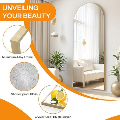 Arched Mirror Full Length, Upgraded 21"x64" Body Wall Mirrors with Shatter-Proof Glass, Floor Standing, Hanging or Leaning, Large Tall Arch Mirror with Stand Aluminum Alloy Frame
