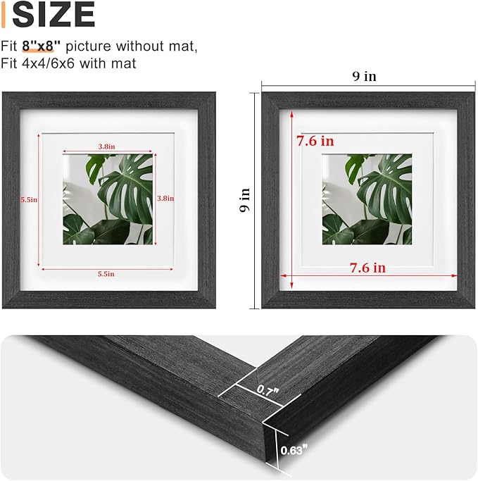 Egofine 8x8 Picture Frame Set of 4 Multicolor Solid Wood Frames Covered by Plexiglass, Display 4x4/6x6 Photo with Mat, Gallery Wall Picture Frames for Tabletop or Wall Mounting, Mixed Colors