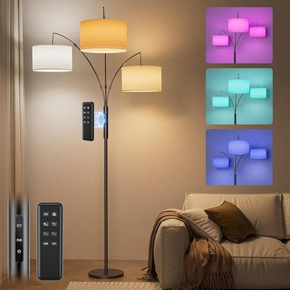 SIBRILLE 36W RGB Arc Floor Lamp with 3 Fabric Shades, 3000LM Super Bright Standing Lamp with Remote Control & Touch, Stepless Dimming, Individual Light Control for Living Room, Bedroom