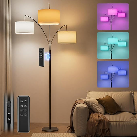 SIBRILLE 36W RGB Arc Floor Lamp with 3 Fabric Shades, 3000LM Super Bright Standing Lamp with Remote Control & Touch, Stepless Dimming, Individual Light Control for Living Room, Bedroom
