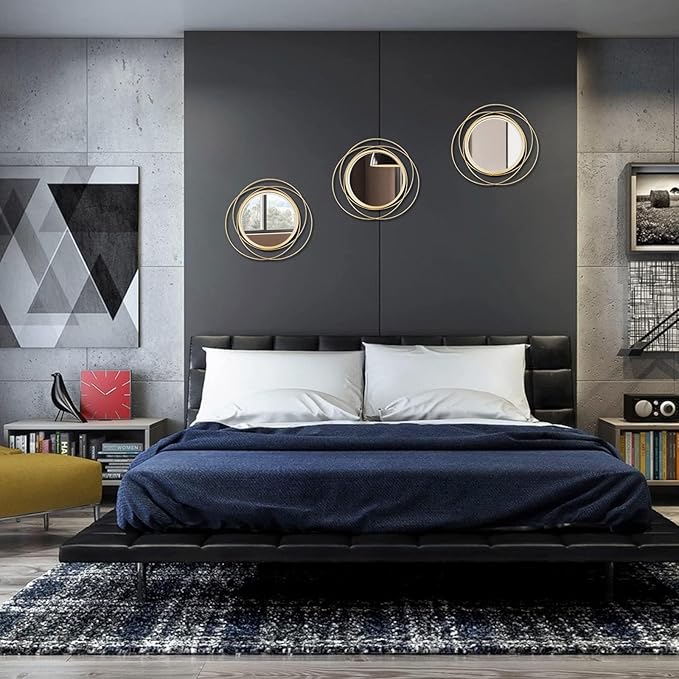 3 Set. Round Mirrors for Wall Decor Living Room Bedroom Bathroom Dining Room Metal Circle Mirror Set Boho Decorative Sunburst Wall Art Accent Entryway - Gold 11 in.
