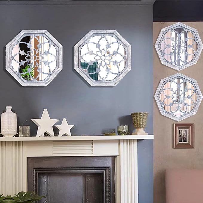 ZOLAPI 2 PCS Octagon Wall-Mounted Mirrors,Vintage Farmhouse Mirror for Wall Decor,Rustic White Color Decorative Accent Mirror for Foyer, Bathroom, Bedroom. (12”x12”)