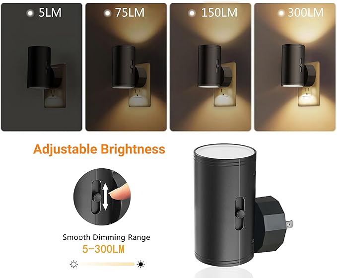TSEXES LED Night Lights Plug into Wall,Dusk to Dawn Sensor Night Light,0-300LM Adjustable Brightness,Warm White 2700K,Dimmable Night Lights for Kitchen Hallway Bedroom Bathroom 4 Pack