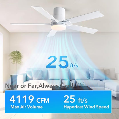 52 Inch Ceiling Fans with Lights and Remote,Flush Mount White Ceiling Fan with 5 Blades,6 Speed Reversible DC Motor,3CCT Dimmable LED-Low Profile Design for Bedroom, Living room & Covered Outdoor