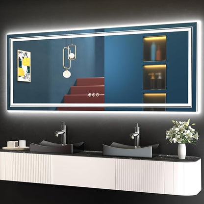 Snowdool LED Bathroom Mirror, 60"X24" with Front and Backlit, Anti-Fog, Large Bathroom Vanity Mirror for Wall, Memory Function, Stepless Dimmable, Tempered Glass (Horizontal/Vertical)