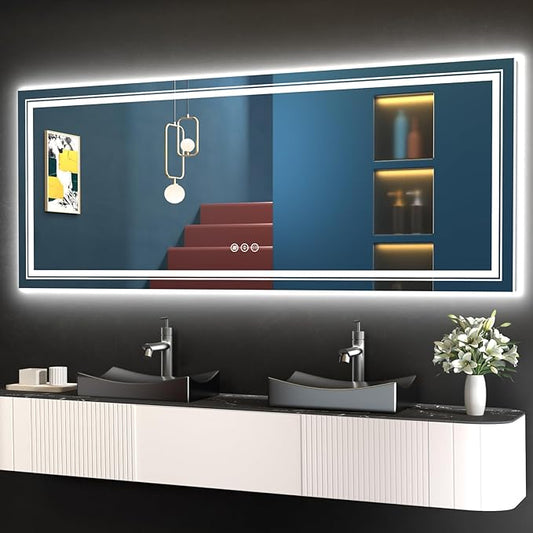 Snowdool LED Bathroom Mirror, 60"X24" with Front and Backlit, Anti-Fog, Large Bathroom Vanity Mirror for Wall, Memory Function, Stepless Dimmable, Tempered Glass (Horizontal/Vertical)