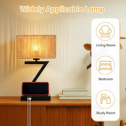 Touch Control Table Lamp, Black Z-Style : 3-Way Dimmable Desk Lamp with USB C & USB A Ports, Bedside Lamp with Phone Stand for Office, Bedroom, Living Room, Includes LED Bulb