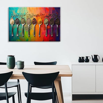 OAAPITI Kitchen Canvas Wall Art Colorful Spices Seasoning Spoon Picture Print Rustic Contemporary Artwork For Home Kitchen Dining Room Wall Decor(Artwork-2,20"x30")