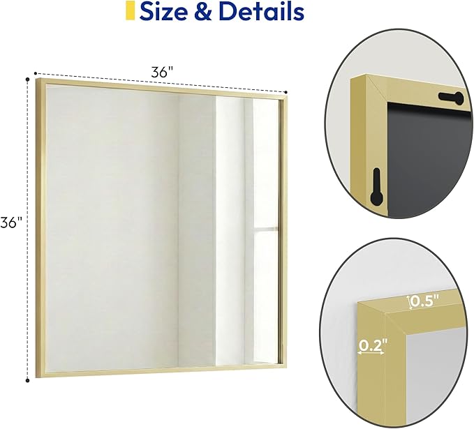 36" x 36" Large Gold Wall Mirror, Oversized Square Accent Mirror, Luxury Metal Framed Decor for Living Room & Bathroom Vanity