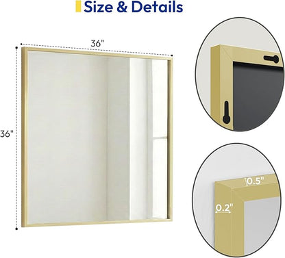 36" x 36" Large Gold Wall Mirror, Oversized Square Accent Mirror, Luxury Metal Framed Decor for Living Room & Bathroom Vanity