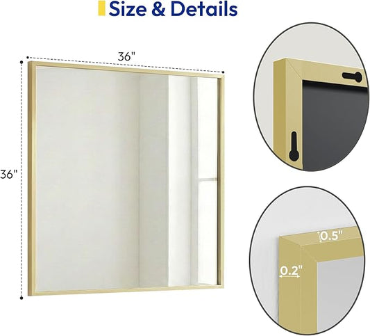 36" x 36" Large Gold Wall Mirror, Oversized Square Accent Mirror, Luxury Metal Framed Decor for Living Room & Bathroom Vanity