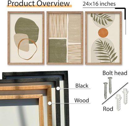 SRSZHIYUE Large Green Abstract Boho Plant Wall Art Neutral Bohemian Set of 3 Wood Framed 24x16 Inch for Living Room Bedroom Wall Decor Hanging (Wood)