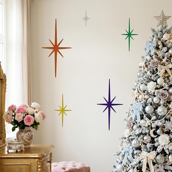 Merriva 5 Pack Colorful Metal Starburst Wall Decor, Mid Century Modern Retro Atomic Star Wall Art Sculptures, Whimsical Eclectic Home Decor for Living Room Bedroom and Playroom