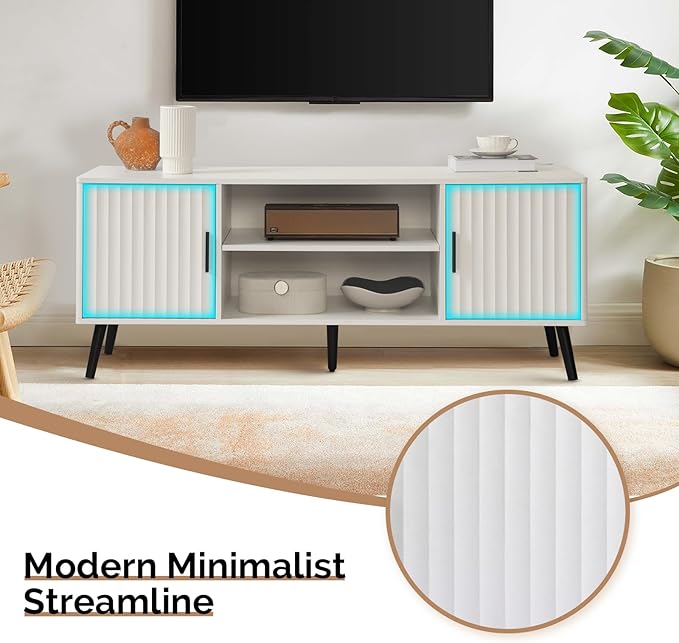 Modern TV Stand for 65 Inch TV, Entertainment Center with 2 Storage Cabinets and Adjustable Shelf, Solid Wood Feet, 4 Cord Holes, Strip Wave Media TV Console Table for Living Room Bedroom (White)