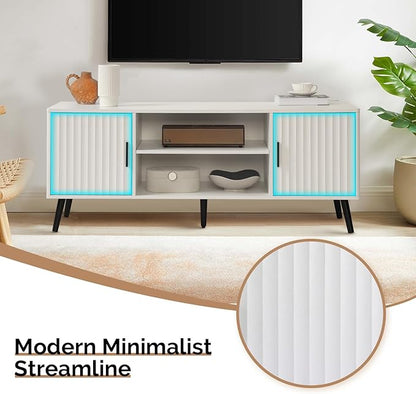 Modern TV Stand for 65 Inch TV, Entertainment Center with 2 Storage Cabinets and Adjustable Shelf, Solid Wood Feet, 4 Cord Holes, Strip Wave Media TV Console Table for Living Room Bedroom (White)