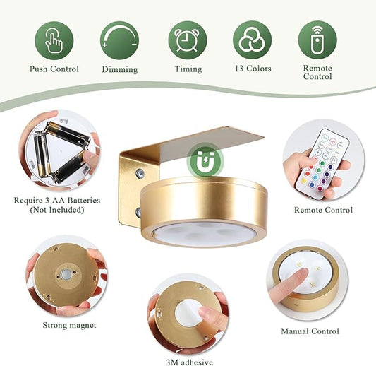 4-Pack Picture Light Battery Operated Painting Lights, 13 Color RGB Magnetic LED Display Art Light with Remote, Dimmable and Timer Portrait Light for Art Frame Artworking, Wall Decor Puck Light, Gold