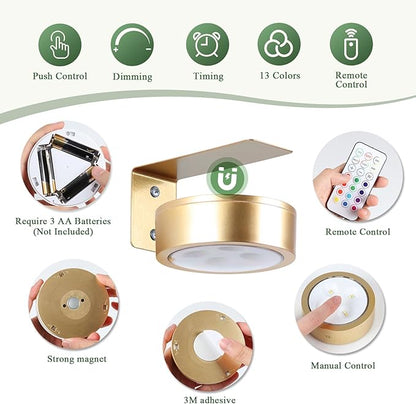 2-Pack Picture Light Battery Operated Painting Lights, 13 Color RGB Magnetic LED Display Art Light with Remote, Dimmable and Timer Portrait Light for Art Frame Artworking, Wall Decor Puck Light, Gold