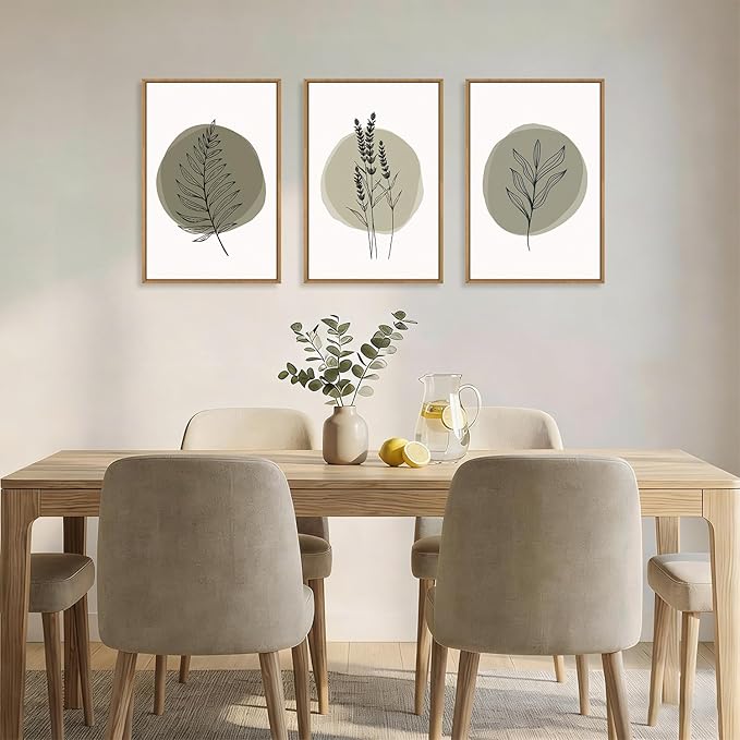 HOURIA Spring Sage Green Leaves Framed Canvas Wall Art Set,Minimalism Boho Leaf Wall Decor, Modern Nature Botanical Wall Painting,Mid Century Plant Art Prints for Living Room,Bedroom,Farmhouse-16"x24"x3