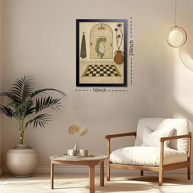 Funny Frog Bathroom Wall Art, Cute Frog Picture Wall Decor, Bathroom Animal Canvas Print Painting for Home Dorm Apartment Toilet Decor 16x24 Inch Framed